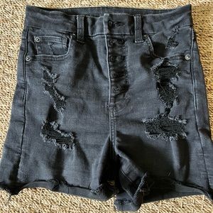 American eagle high rise distressed button fly black denim shorts